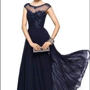 Pronovias navy beaded evening gown
